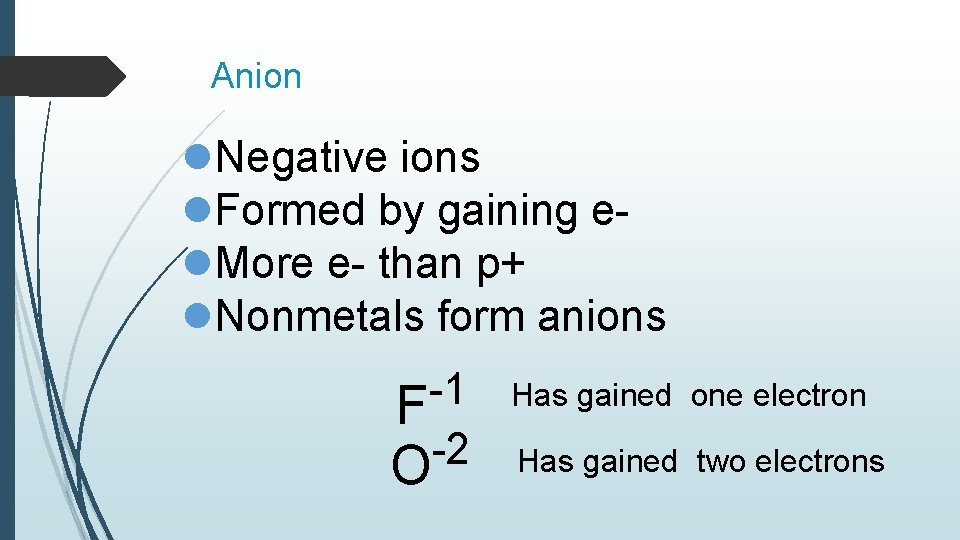 Anion l. Negative ions l. Formed by gaining el. More e- than p+ l. Anion l. Negative ions l. Formed by gaining el. More e- than p+ l.