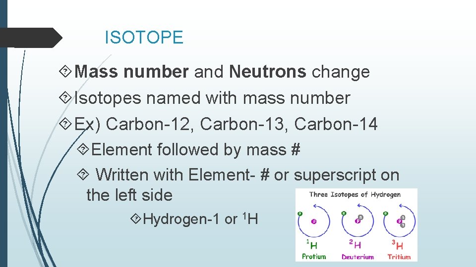 ISOTOPE Mass number and Neutrons change Isotopes named with mass number Ex) Carbon-12, Carbon-13, ISOTOPE Mass number and Neutrons change Isotopes named with mass number Ex) Carbon-12, Carbon-13,