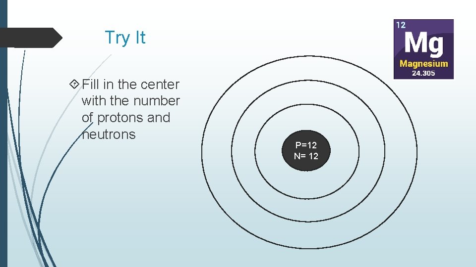 Try It Fill in the center with the number of protons and neutrons P=12 Try It Fill in the center with the number of protons and neutrons P=12