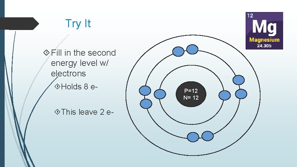 Try It Fill in the second energy level w/ electrons Holds 8 e This Try It Fill in the second energy level w/ electrons Holds 8 e This