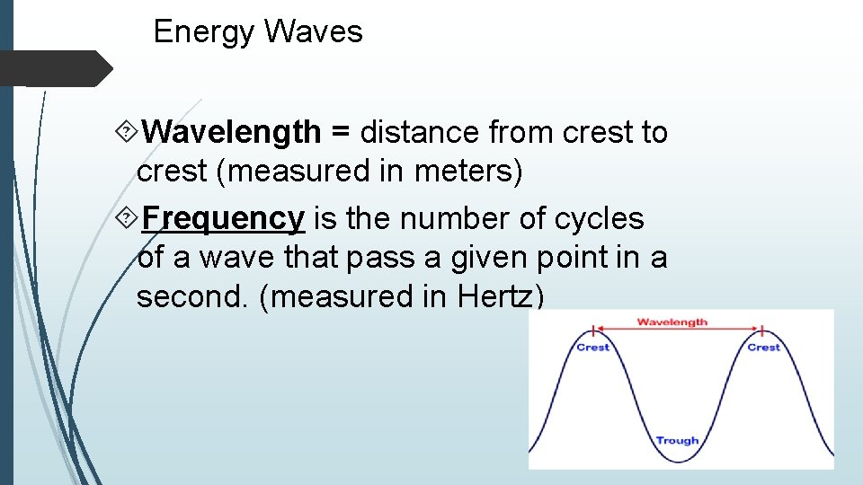 Energy Waves Wavelength = distance from crest to crest (measured in meters) Frequency is Energy Waves Wavelength = distance from crest to crest (measured in meters) Frequency is