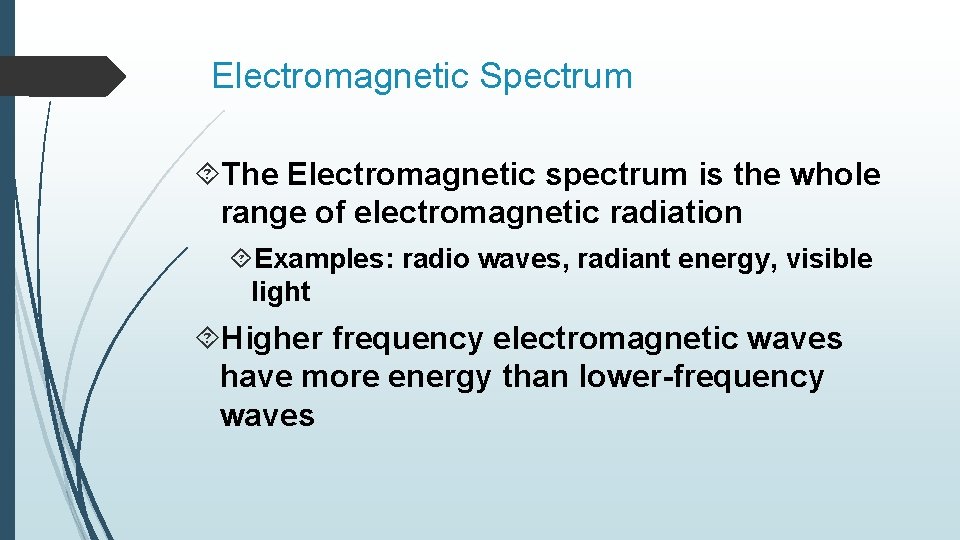 Electromagnetic Spectrum The Electromagnetic spectrum is the whole range of electromagnetic radiation Examples: radio Electromagnetic Spectrum The Electromagnetic spectrum is the whole range of electromagnetic radiation Examples: radio