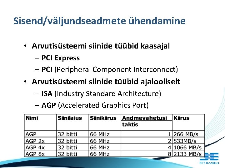 Sisend/väljundseadmete ühendamine • Arvutisüsteemi siinide tüübid kaasajal – PCI Express – PCI (Peripheral Component