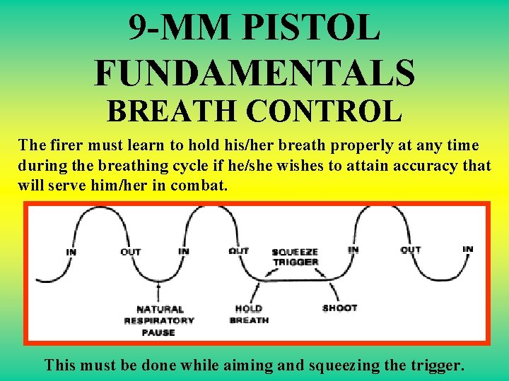 9 -MM PISTOL FUNDAMENTALS BREATH CONTROL The firer must learn to hold his/her breath