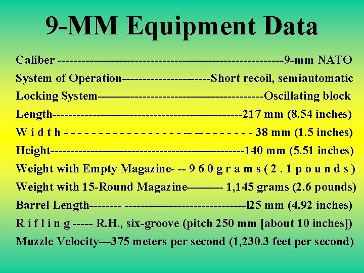 9 -MM Equipment Data Caliber ----------------------------9 -mm NATO System of Operation-----------Short recoil, semiautomatic Locking