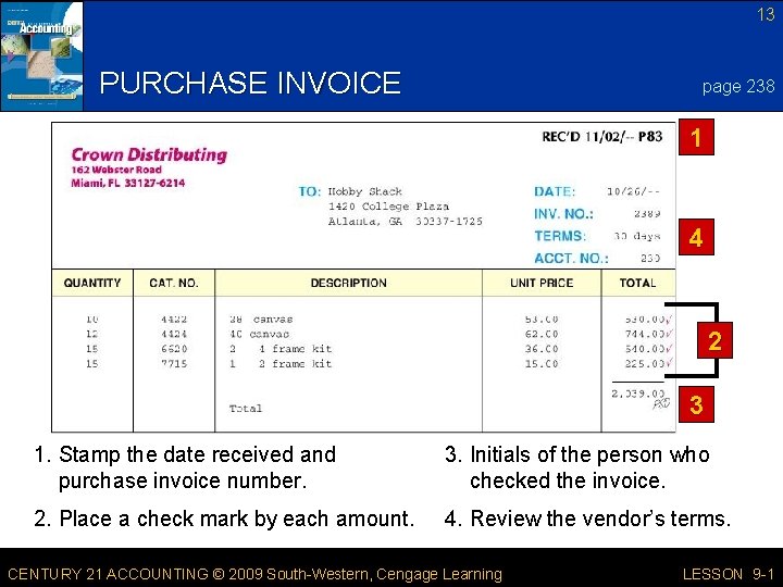 13 PURCHASE INVOICE page 238 1 4 2 3 1. Stamp the date received