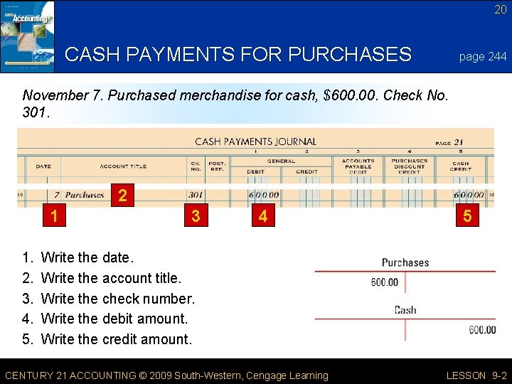 20 CASH PAYMENTS FOR PURCHASES page 244 November 7. Purchased merchandise for cash, $600.