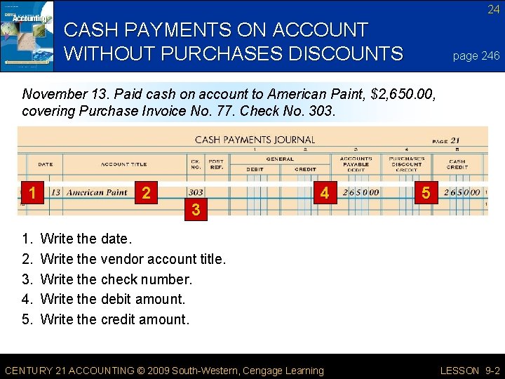 24 CASH PAYMENTS ON ACCOUNT WITHOUT PURCHASES DISCOUNTS page 246 November 13. Paid cash