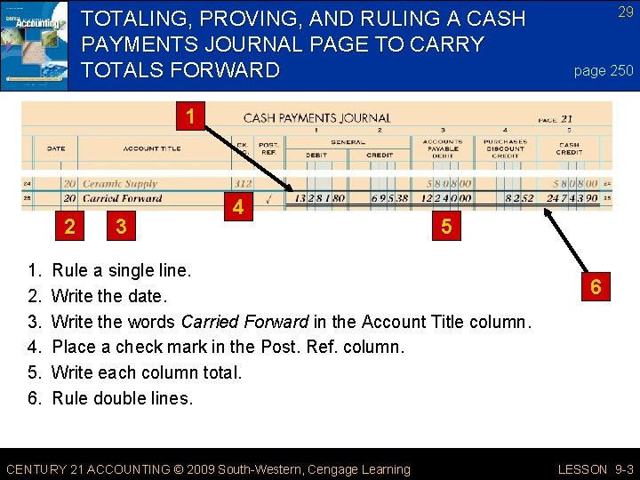TOTALING, PROVING, AND RULING A CASH PAYMENTS JOURNAL PAGE TO CARRY TOTALS FORWARD 29