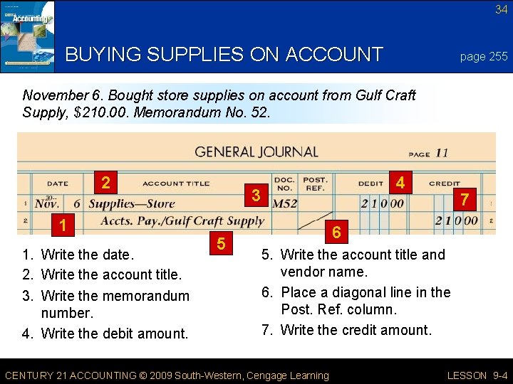 34 BUYING SUPPLIES ON ACCOUNT page 255 November 6. Bought store supplies on account
