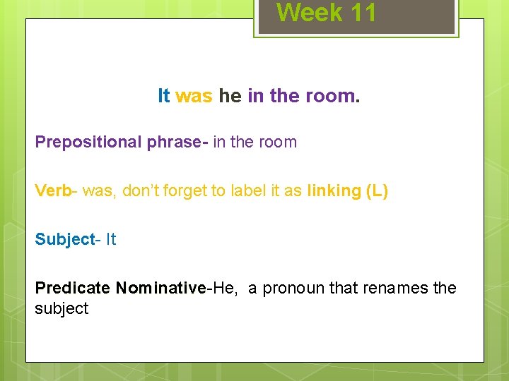 Week 11 It was he in the room. Prepositional phrase- in the room Verb