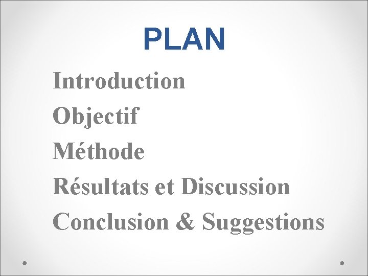 PLAN Introduction Objectif Méthode Résultats et Discussion Conclusion & Suggestions 