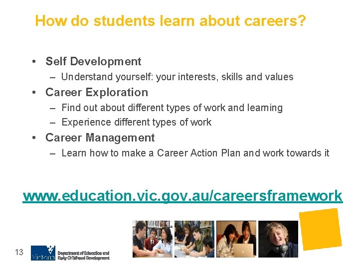 How do students learn about careers? • Self Development – Understand yourself: your interests,