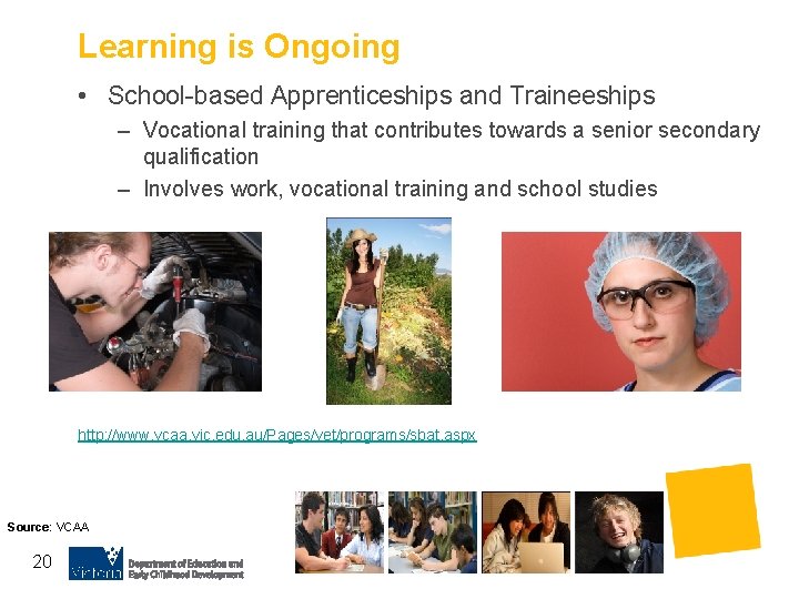 Learning is Ongoing • School-based Apprenticeships and Traineeships – Vocational training that contributes towards
