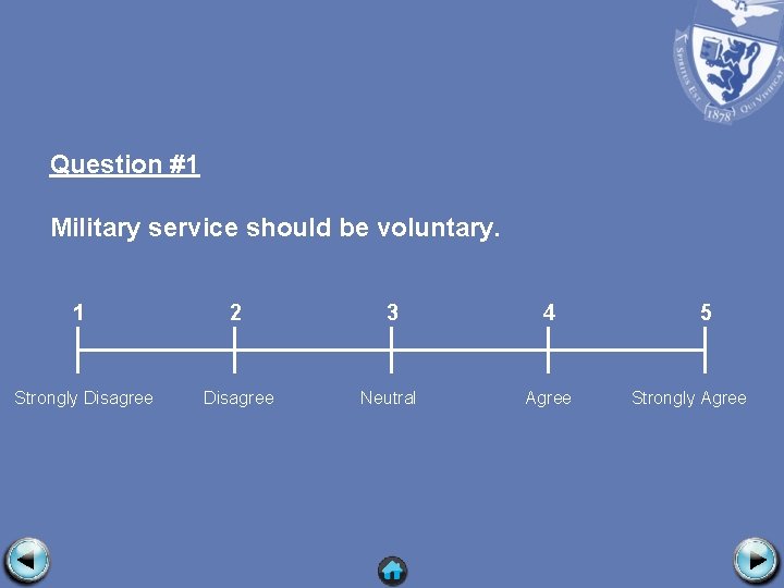 Question #1 Military service should be voluntary. 1 2 3 4 Strongly Disagree Neutral