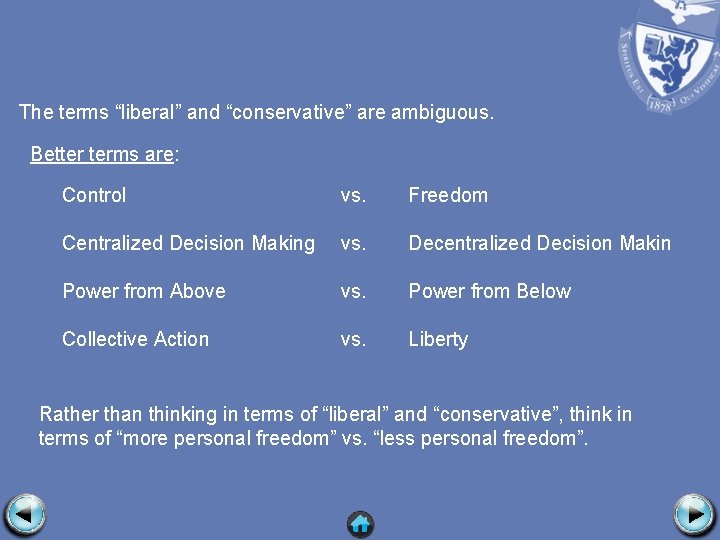 The terms “liberal” and “conservative” are ambiguous. Better terms are: Control vs. Freedom Centralized