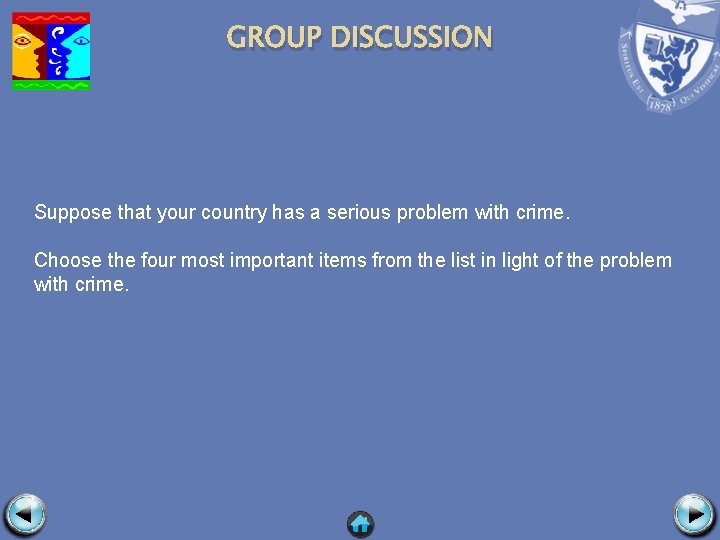 GROUP DISCUSSION Suppose that your country has a serious problem with crime. Choose the