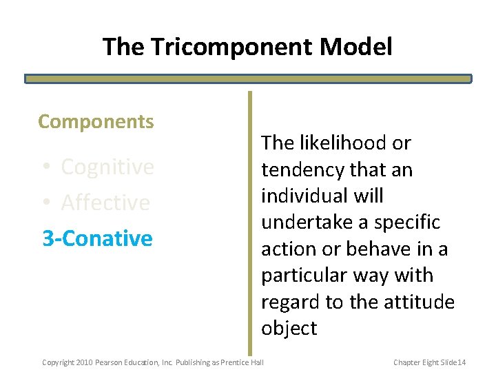 The Tricomponent Model Components • Cognitive • Affective 3 -Conative The likelihood or tendency