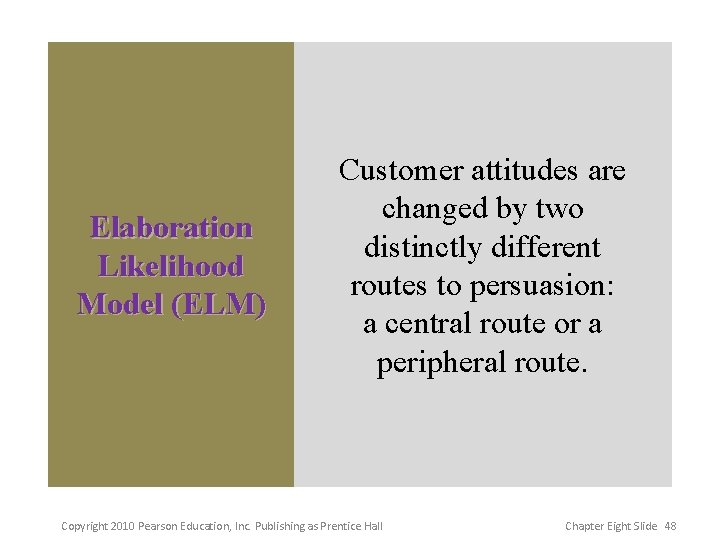 Elaboration Likelihood Model (ELM) Customer attitudes are changed by two distinctly different routes to