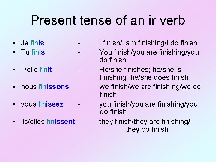 Present tense of an ir verb • Je finis • Tu finis - •