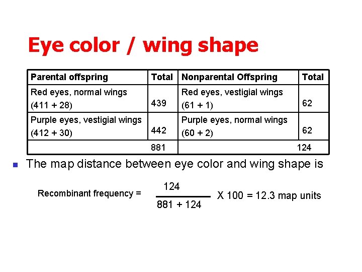 Eye color / wing shape Parental offspring Red eyes, normal wings (411 + 28)