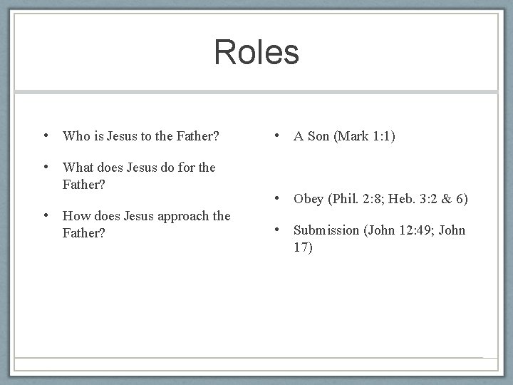 Roles • Who is Jesus to the Father? • What does Jesus do for
