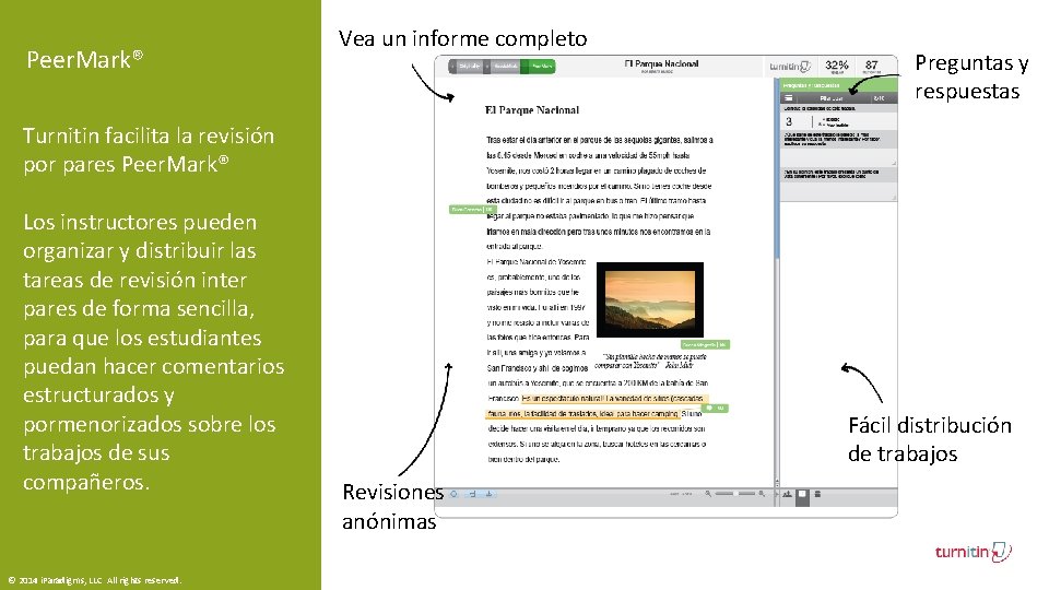 Peer. Mark® Vea un informe completo Preguntas y respuestas Turnitin facilita la revisión por