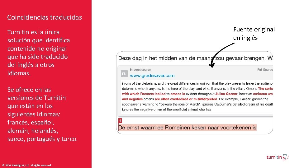 Coincidencias traducidas Turnitin es la única solución que identifica contenido no original que ha