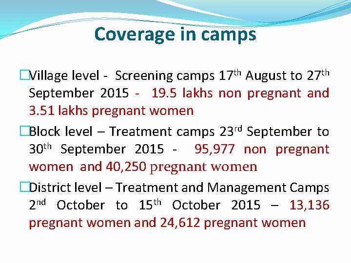 Coverage in camps �Village level - Screening camps 17 th August to 27 th Coverage in camps �Village level - Screening camps 17 th August to 27 th
