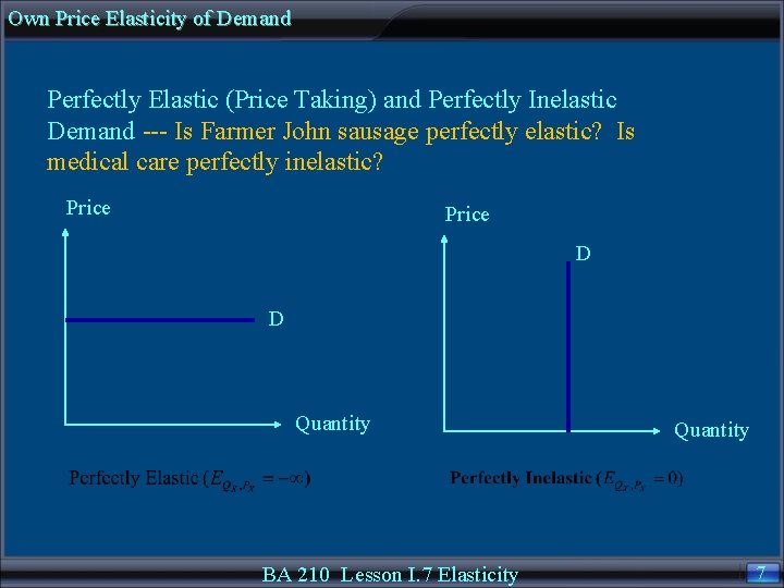 Own Price Elasticity of Demand Perfectly Elastic (Price Taking) and Perfectly Inelastic Demand ---