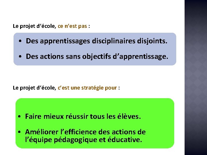 Le projet d’école, ce n’est pas : • Des apprentissages disciplinaires disjoints. • Des