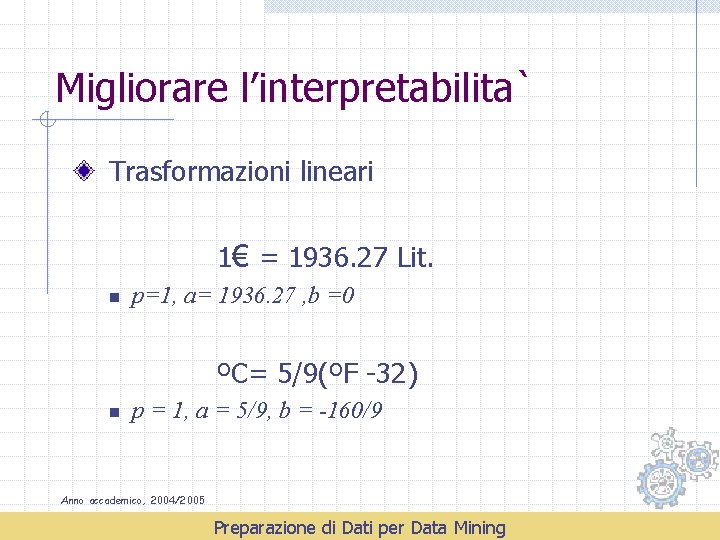 Migliorare l’interpretabilita` Trasformazioni lineari 1€ = 1936. 27 Lit. n p=1, a= 1936. 27