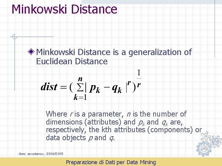 Minkowski Distance is a generalization of Euclidean Distance Where r is a parameter, n