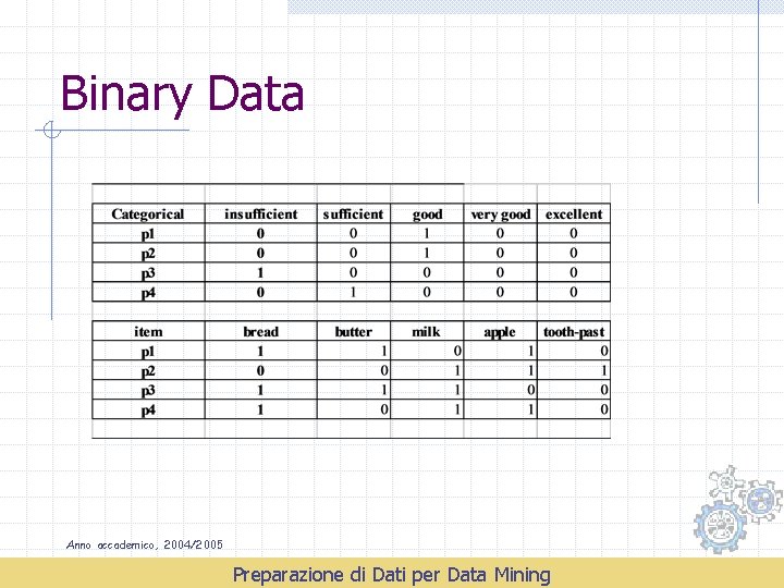 Binary Data Anno accademico, 2004/2005 Preparazione di Dati per Data Mining 