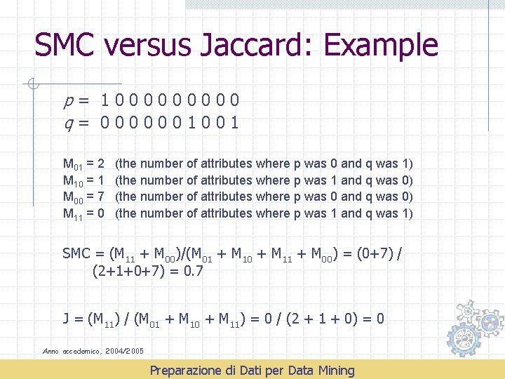 SMC versus Jaccard: Example p= 100000 q= 0000001001 M 01 = 2 M 10