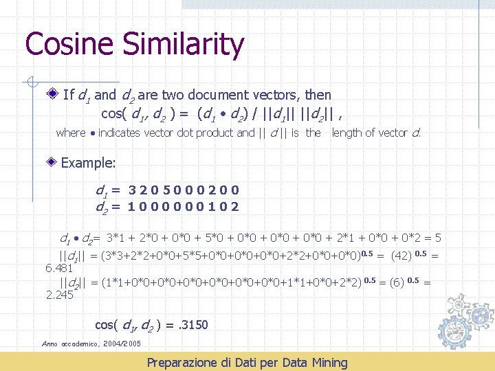 Cosine Similarity If d 1 and d 2 are two document vectors, then cos(