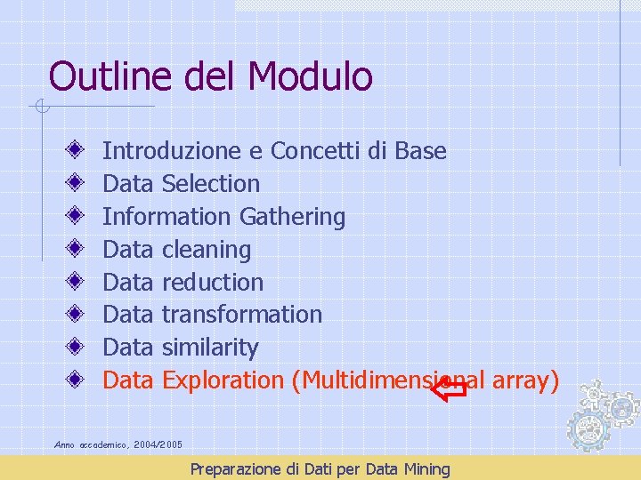 Outline del Modulo Introduzione e Concetti di Base Data Selection Information Gathering Data cleaning