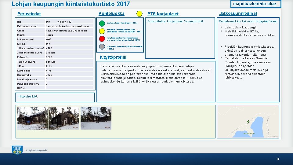 Lohjan kaupungin kiinteistökortisto 2017 Kuntoluokka Perustiedot N: o 169 Rakennuksen nimi Rausjärven leirikeskuksen päärakennus