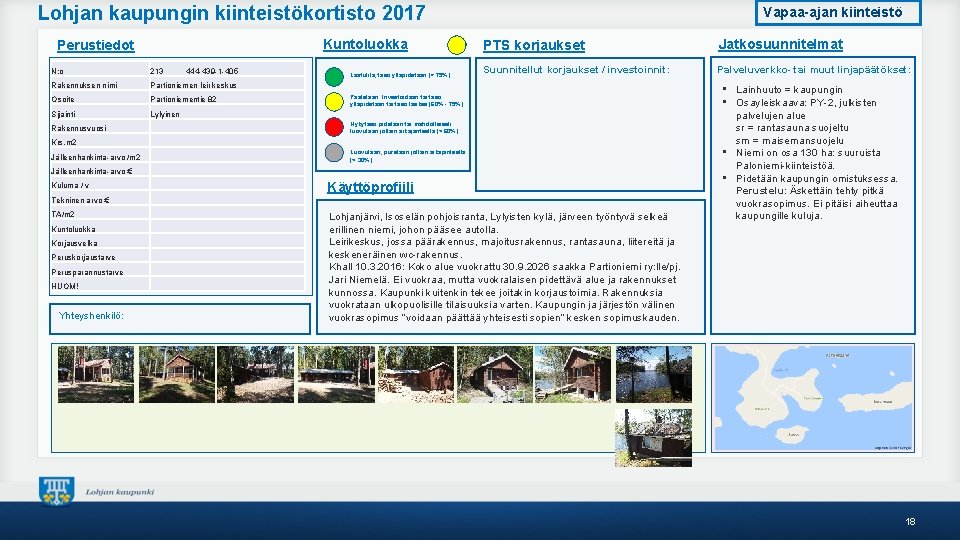 Lohjan kaupungin kiinteistökortisto 2017 Kuntoluokka Perustiedot N: o 213 Rakennuksen nimi Partioniemen leirikeskus Osoite