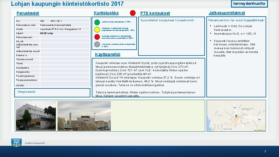 Lohjan kaupungin kiinteistökortisto 2017 Kuntoluokka Perustiedot N: o 203 Rakennuksen nimi Keskusaukion hammashoitola Osoite