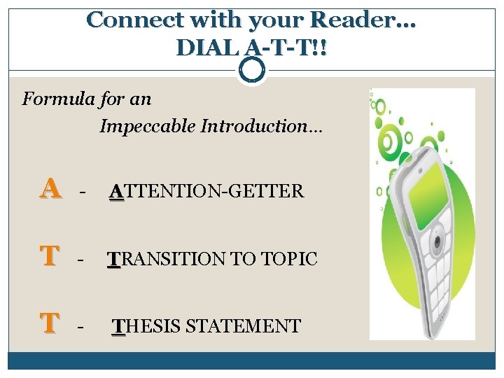 Connect with your Reader… DIAL A-T-T!! Formula for an Impeccable Introduction… A - ATTENTION-GETTER