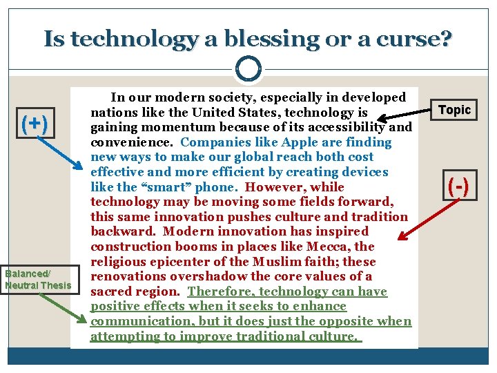 Is technology a blessing or a curse? (+) Balanced/ Neutral Thesis In our modern