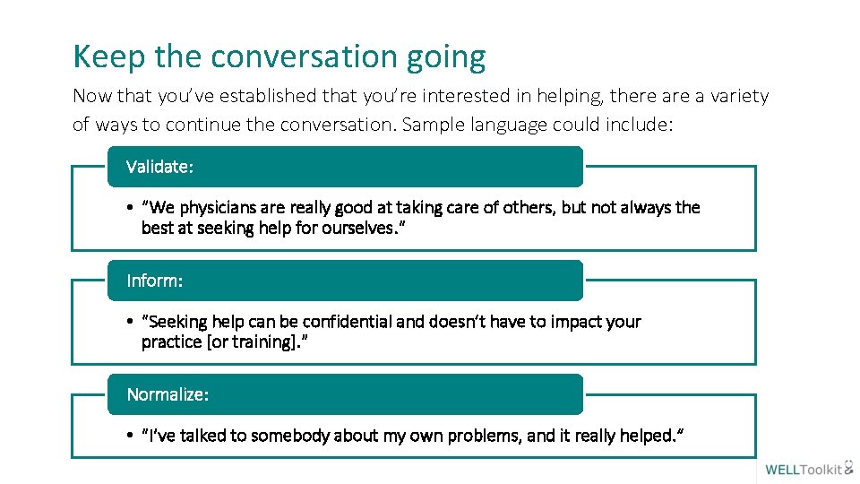 Keep the conversation going Now that you’ve established that you’re interested in helping, there