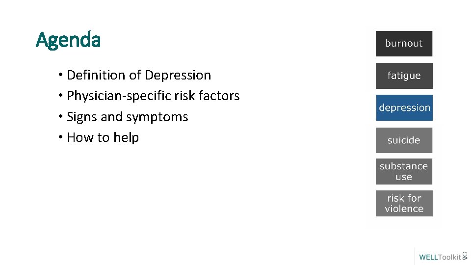 Agenda • Definition of Depression • Physician-specific risk factors • Signs and symptoms •