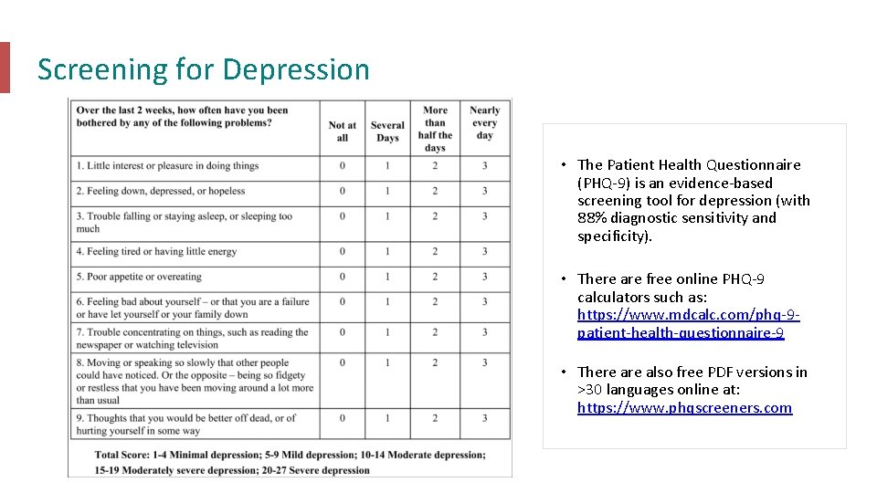 Screening for Depression • The Patient Health Questionnaire (PHQ-9) is an evidence-based screening tool