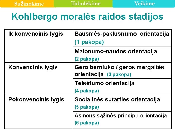 Kohlbergo moralės raidos stadijos Ikikonvencinis lygis Bausmės-paklusnumo orientacija (1 pakopa) Malonumo-naudos orientacija (2 pakopa)