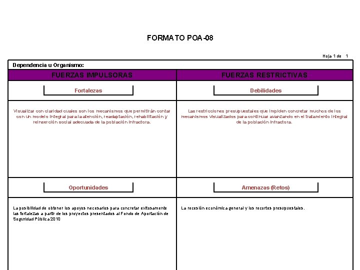 FORMATO POA-08 Hoja 1 de 1 Dependencia u Organismo: FUERZAS IMPULSORAS Fortalezas Visualizar con