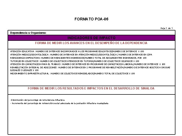 FORMATO POA-06 Hoja 1 de 1 Dependencia u Organismo: INDICADORES DE IMPACTO FORMA DE