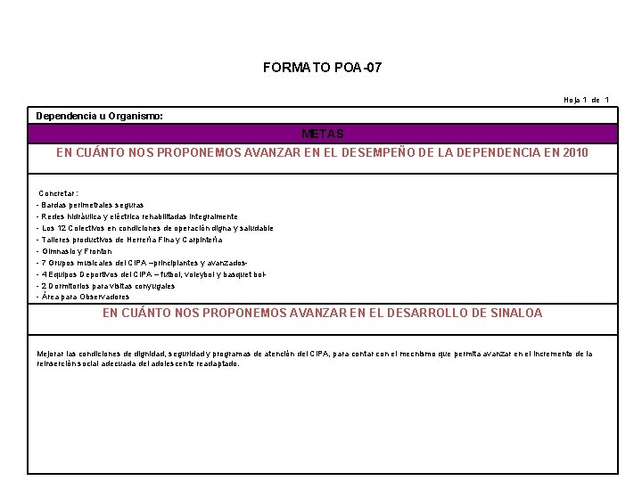 FORMATO POA-07 Hoja 1 de 1 Dependencia u Organismo: METAS EN CUÁNTO NOS PROPONEMOS