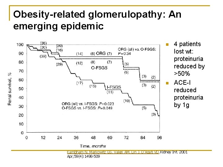 Obesity-related glomerulopathy: An emerging epidemic n n 4 patients lost wt: proteinuria reduced Obesity-related glomerulopathy: An emerging epidemic n n 4 patients lost wt: proteinuria reduced